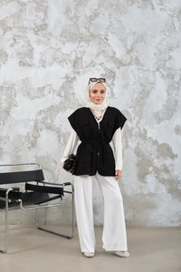 Kordon Detay Gabardin Bel Bağlamalı Yelek Siyah