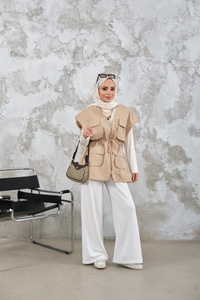 Kordon Detay Gabardin Bel Bağlamalı Yelek Krem