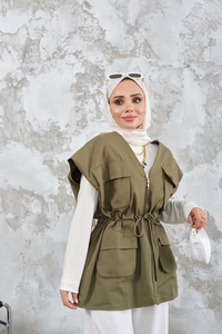 Kordon Detay Gabardin Bel Bağlamalı Yelek Haki Yeşil