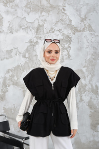 Kordon Detay Gabardin Bel Bağlamalı Yelek Siyah