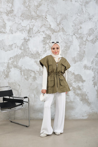 Kordon Detay Gabardin Bel Bağlamalı Yelek Haki Yeşil