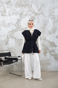 Kordon Detay Gabardin Bel Bağlamalı Yelek Lacivert