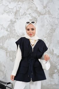 Kordon Detay Gabardin Bel Bağlamalı Yelek Lacivert