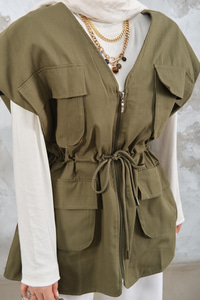 Kordon Detay Gabardin Bel Bağlamalı Yelek Haki Yeşil