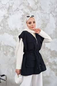 Kordon Detay Gabardin Bel Bağlamalı Yelek Lacivert