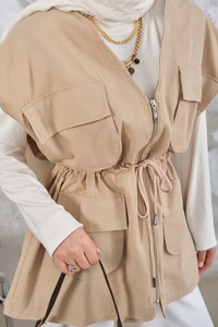Kordon Detay Gabardin Bel Bağlamalı Yelek Krem