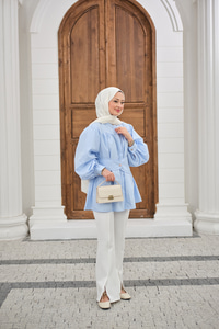 Korsaj Kemer Detaylı Büzgülü Gömlek Bebe Mavi