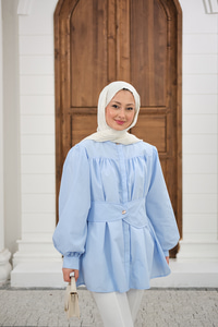 Korsaj Kemer Detaylı Büzgülü Gömlek Bebe Mavi