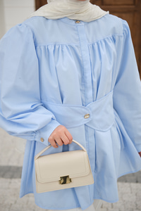 Korsaj Kemer Detaylı Büzgülü Gömlek Bebe Mavi