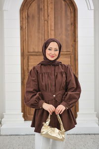 Korsaj Kemer Detaylı Büzgülü Gömlek Kahverengi