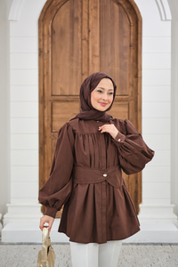 Korsaj Kemer Detaylı Büzgülü Gömlek Kahverengi