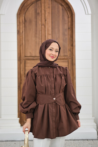 Korsaj Kemer Detaylı Büzgülü Gömlek Kahverengi