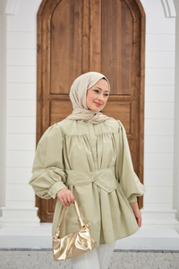 Korsaj Kemer Detaylı Büzgülü Gömlek Su Yeşil