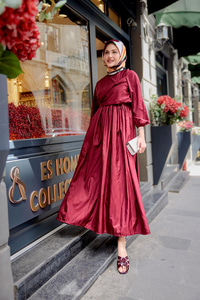 Kraş Büzgülü Yan Bağlamalı Elbise Bordo