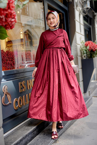 Kraş Büzgülü Yan Bağlamalı Elbise Bordo