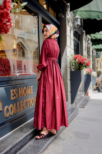 Kraş Büzgülü Yan Bağlamalı Elbise Bordo