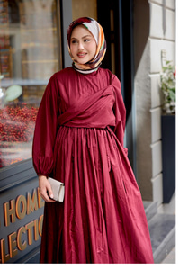 Kraş Büzgülü Yan Bağlamalı Elbise Bordo