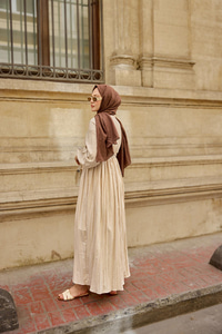 Kraş Büzgülü Yan Bağlamalı Elbise Krem