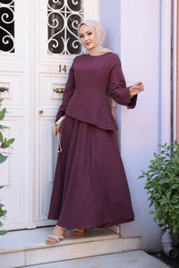 Kraş Etekli Keten Elbise Bordo