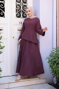 Kraş Etekli Keten Elbise Bordo