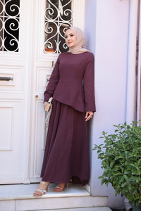 Kraş Etekli Keten Elbise Bordo