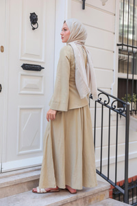 Kraş Etekli Keten Elbise Küf Yeşil