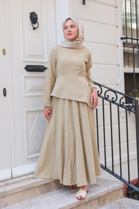 Kraş Etekli Keten Elbise Küf Yeşil