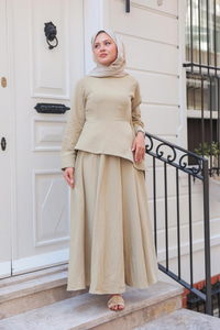 Kraş Etekli Keten Elbise Küf Yeşil