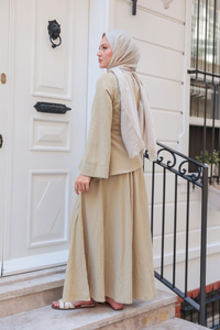 Kraş Etekli Keten Elbise Küf Yeşil