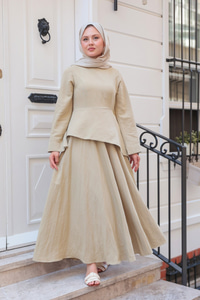 Kraş Etekli Keten Elbise Küf Yeşil