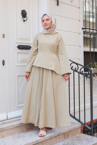 Kraş Etekli Keten Elbise Küf Yeşil