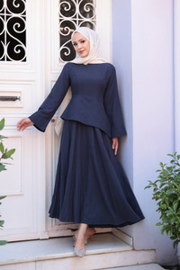 Kraş Etekli Keten Elbise Lacivert
