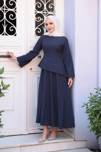 Kraş Etekli Keten Elbise Lacivert