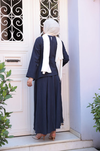 Kraş Etekli Keten Elbise Lacivert