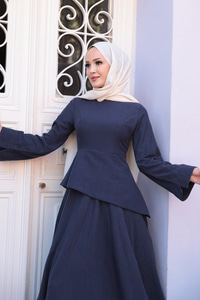 Kraş Etekli Keten Elbise Lacivert