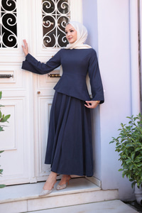 Kraş Etekli Keten Elbise Lacivert