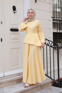 Kraş Etekli Keten Elbise Sarı