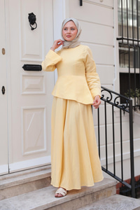 Kraş Etekli Keten Elbise Sarı