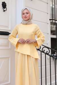 Kraş Etekli Keten Elbise Sarı