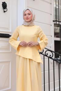 Kraş Etekli Keten Elbise Sarı