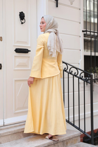 Kraş Etekli Keten Elbise Sarı