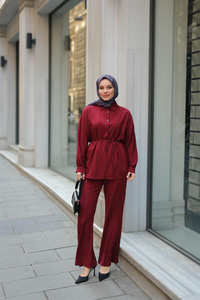 Krinkıl Kumaş Bel Bağlamalı Takım Bordo