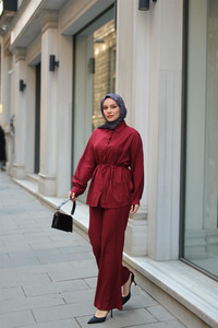 Krinkıl Kumaş Bel Bağlamalı Takım Bordo