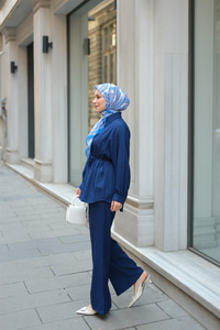 Krinkıl Kumaş Bel Bağlamalı Takım Lacivert