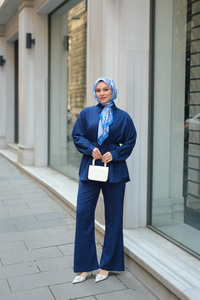 Krinkıl Kumaş Bel Bağlamalı Takım Lacivert