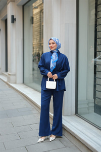 Krinkıl Kumaş Bel Bağlamalı Takım Lacivert