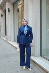 Krinkıl Kumaş Bel Bağlamalı Takım Lacivert