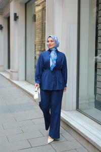 Krinkıl Kumaş Bel Bağlamalı Takım Lacivert