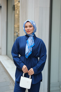 Krinkıl Kumaş Bel Bağlamalı Takım Lacivert