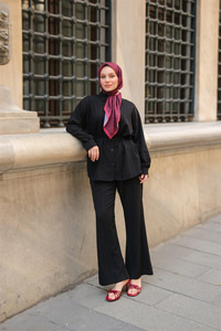 Krinkıl Kumaş Bel Bağlamalı Takım Siyah